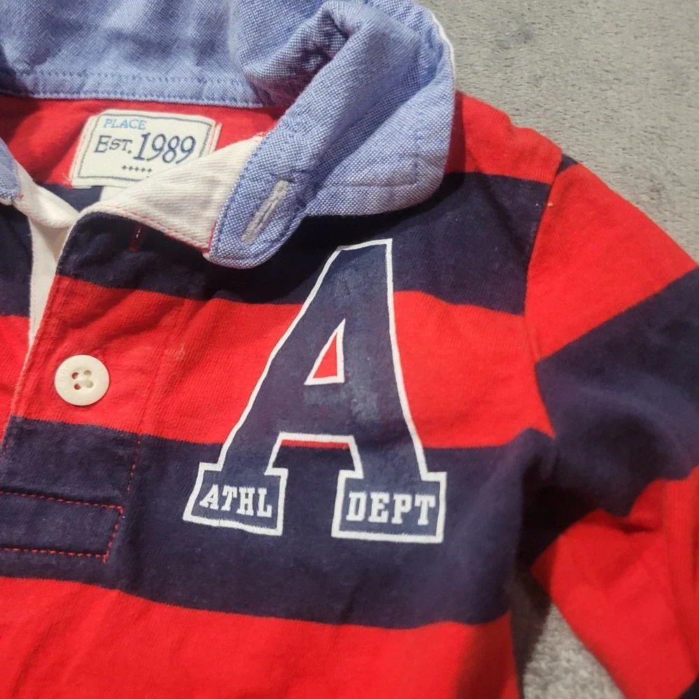 The Children's Place Rugby Polo Boys 12-18M Red Navy Striped Long Sleeve Preppy